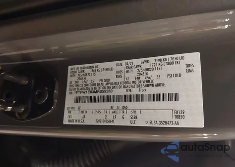 2021 Ford F-150 Xl z USA, uszkodzony, nr VIN 1FTFW1E83MFB59580